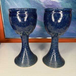 2 Blue Studio Pottery Goblets Handmade & Signed Jean Paul Patnode Wine Stowe VT